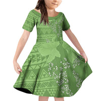 Hawaii Molokai Island Kukui Nut Flowers Family Matching Off Shoulder Short Dress and Hawaiian Shirt Tribal Kakau Pattern
