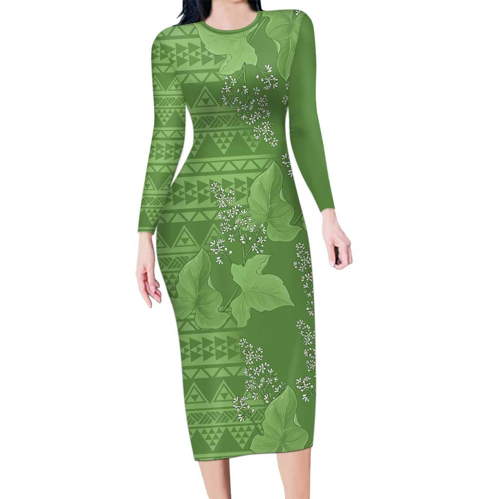 Hawaii Molokai Island Kukui Nut Flowers Long Sleeve Bodycon Dress Tribal Kakau Pattern