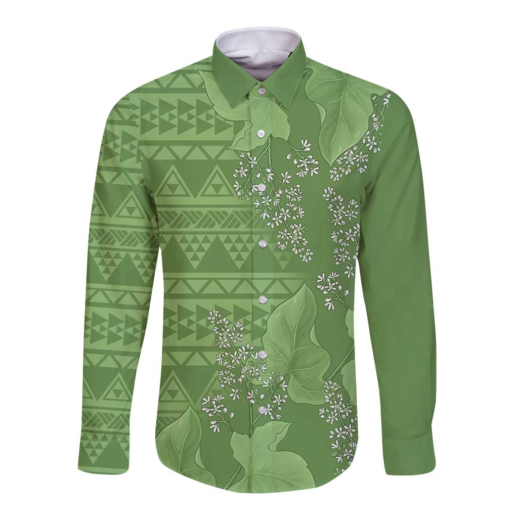 Hawaii Molokai Island Kukui Nut Flowers Long Sleeve Button Shirt Tribal Kakau Pattern