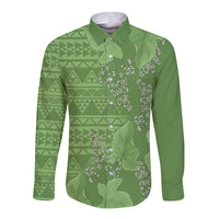 Hawaii Molokai Island Kukui Nut Flowers Long Sleeve Button Shirt Tribal Kakau Pattern LT9 Unisex Green - Polynesian Pride