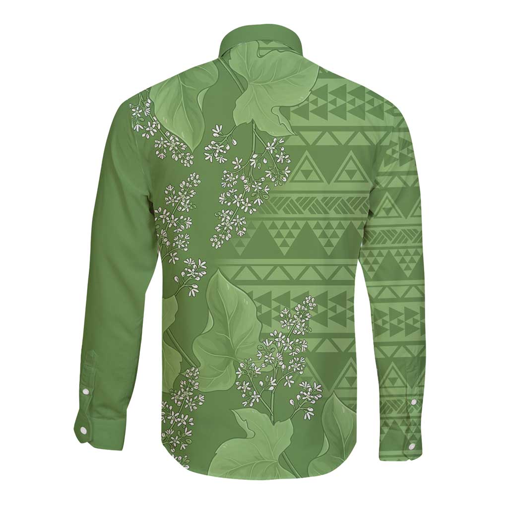 Hawaii Molokai Island Kukui Nut Flowers Long Sleeve Button Shirt Tribal Kakau Pattern LT9 - Polynesian Pride