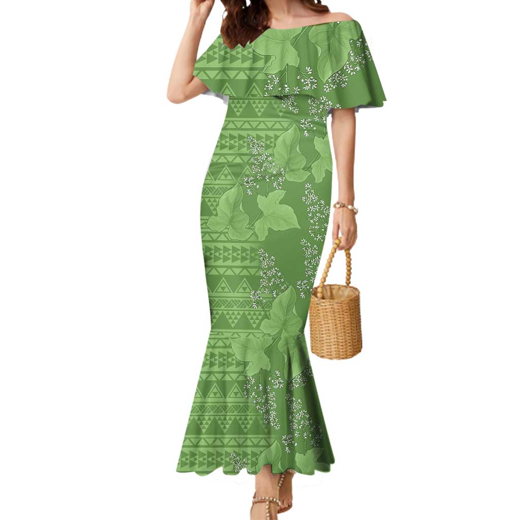 Hawaii Molokai Island Kukui Nut Flowers Mermaid Dress Tribal Kakau Pattern