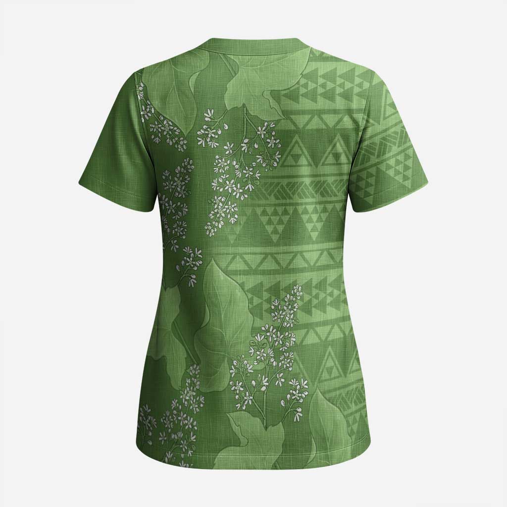 Hawaii Molokai Island Kukui Nut Flowers Scrub Top Tribal Kakau Pattern - Polynesian Pride