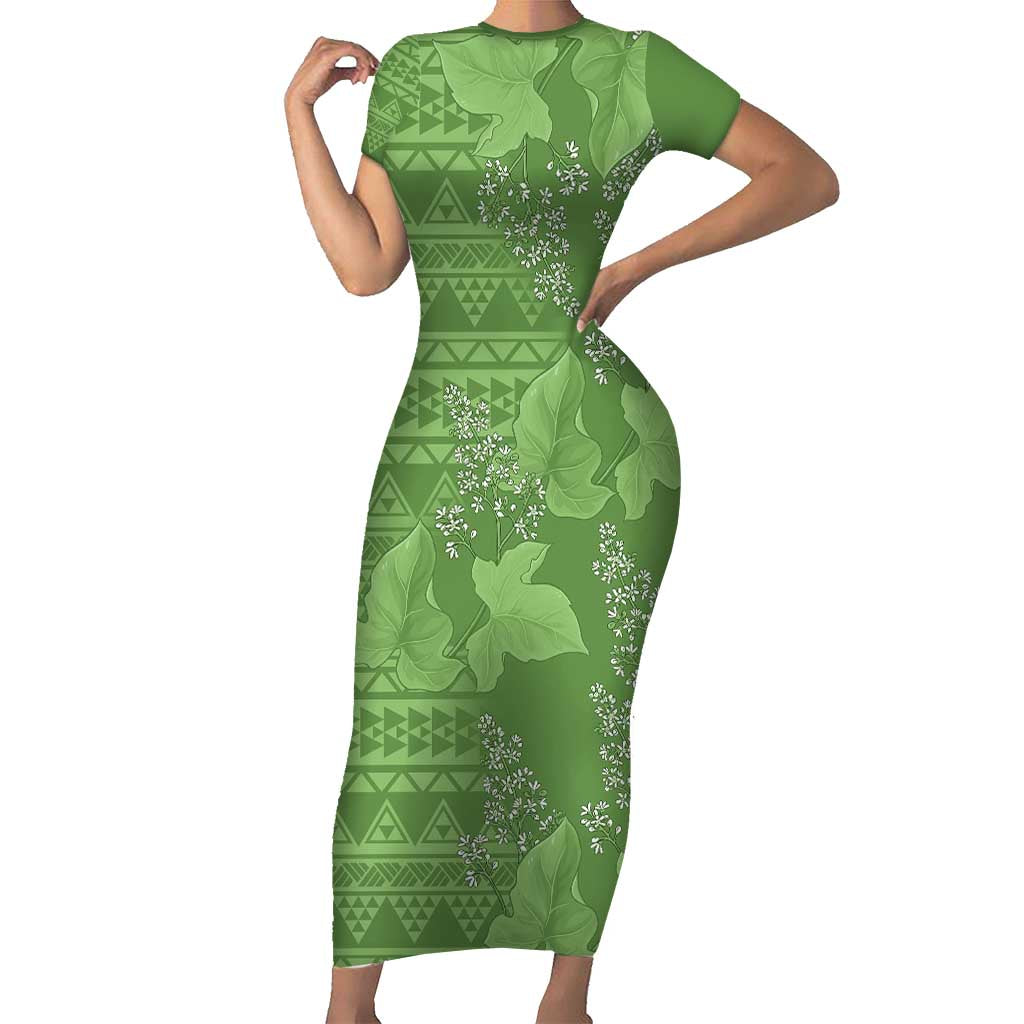 Hawaii Molokai Island Kukui Nut Flowers Short Sleeve Bodycon Dress Tribal Kakau Pattern