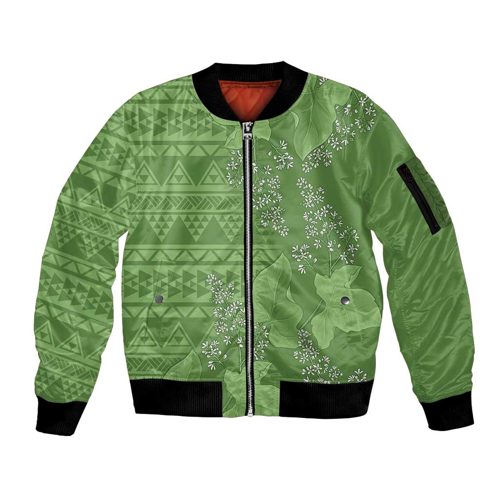 Hawaii Molokai Island Kukui Nut Flowers Sleeve Zip Bomber Jacket Tribal Kakau Pattern