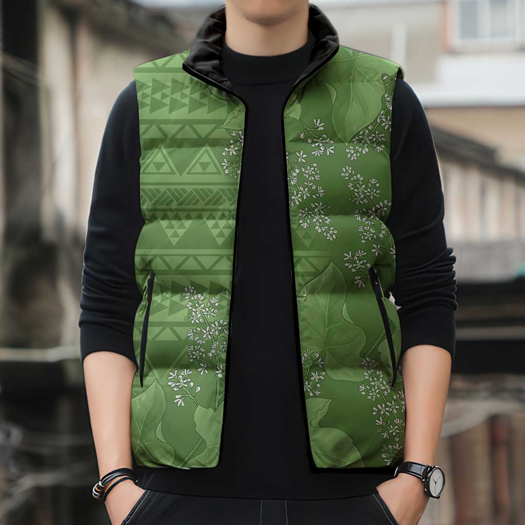 Hawaii Molokai Island Kukui Nut Flowers Sleeveless Puffer Jacket Tribal Kakau Pattern - Polynesian Pride