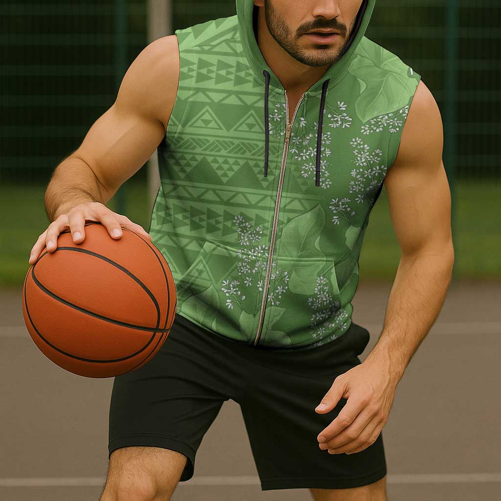 Hawaii Molokai Island Kukui Nut Flowers Sleeveless Zip Hoodie Tribal Kakau Pattern - Polynesian Pride