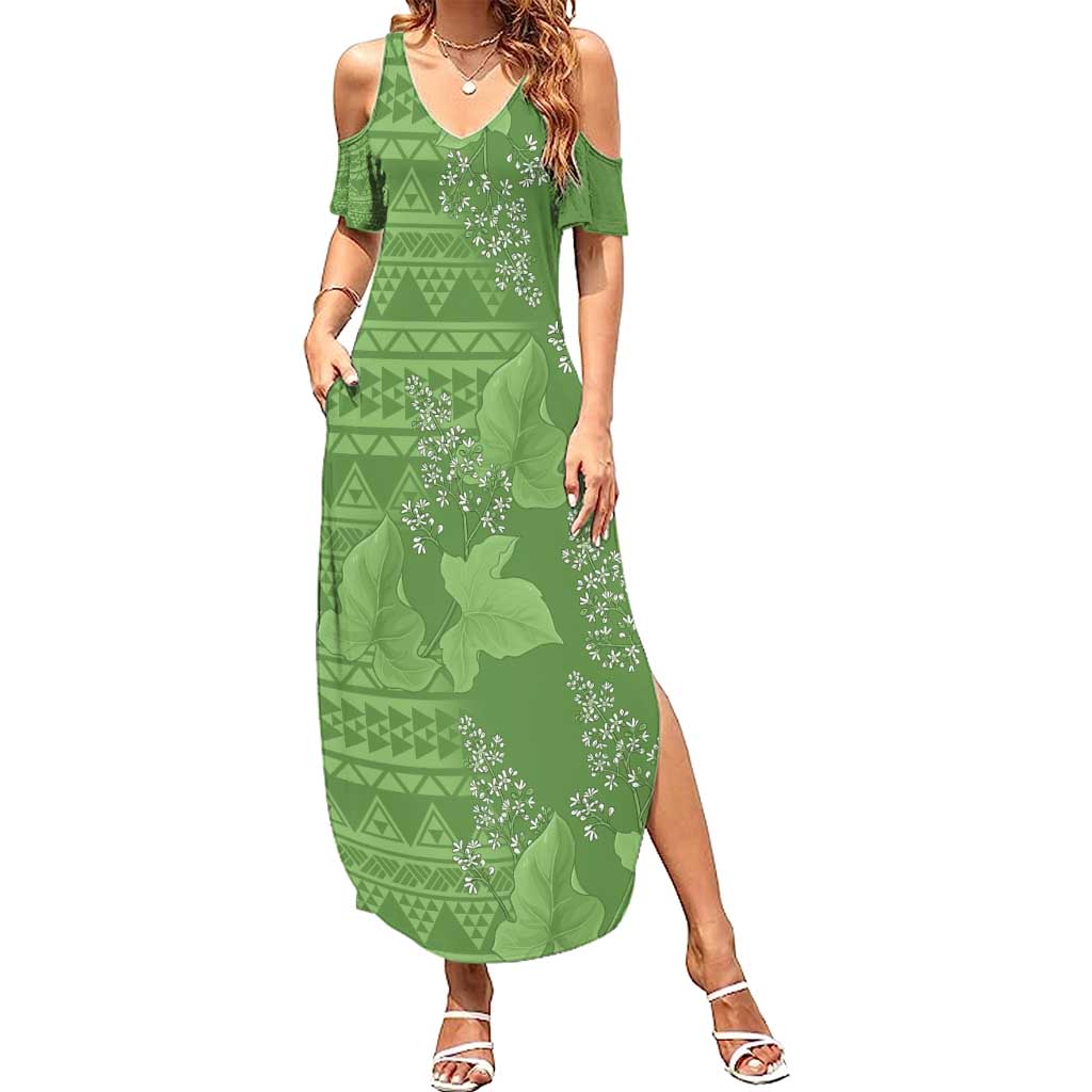 Hawaii Molokai Island Kukui Nut Flowers Summer Maxi Dress Tribal Kakau Pattern