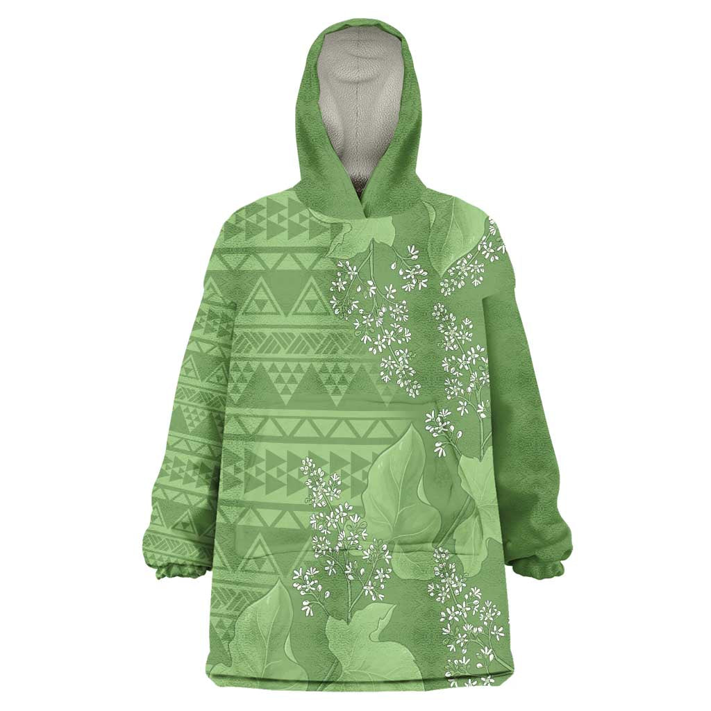 Hawaii Molokai Island Kukui Nut Flowers Wearable Blanket Hoodie Tribal Kakau Pattern