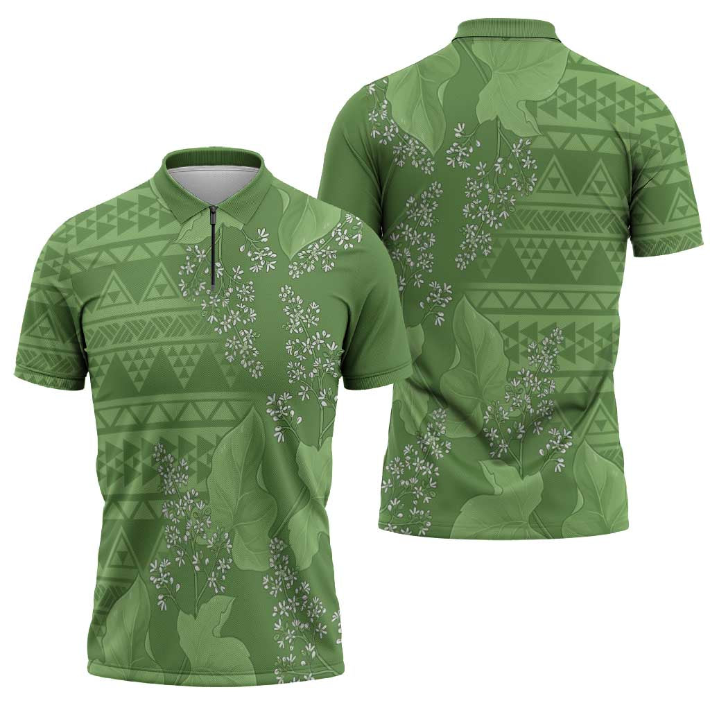 Hawaii Molokai Island Kukui Nut Flowers Zipper Polo Shirt Tribal Kakau Pattern - Polynesian Pride