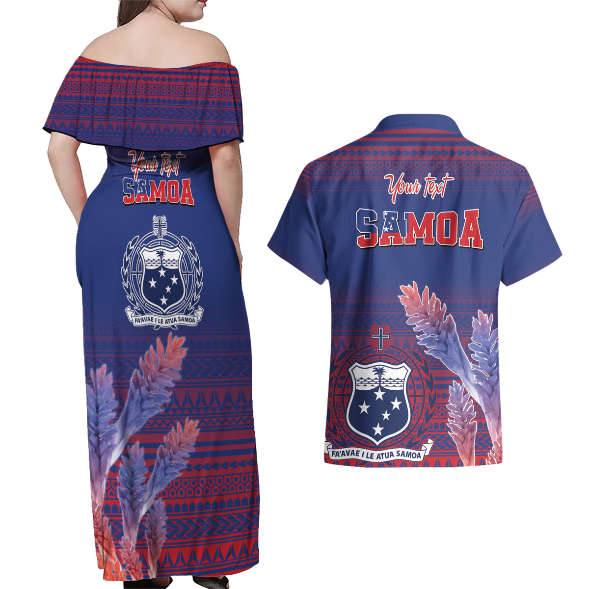 Custom Samoa 1962 Independence Day Custom Couples Matching Off Shoulder Maxi Dress and Hawaiian Shirt Manuia le Aso Tuto'atasi Ula Nifo Blue Art