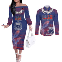 Custom Samoa 1962 Independence Day Custom Couples Matching Off The Shoulder Long Sleeve Dress and Long Sleeve Button Shirt Manuia le Aso Tuto'atasi Ula Nifo Blue Art