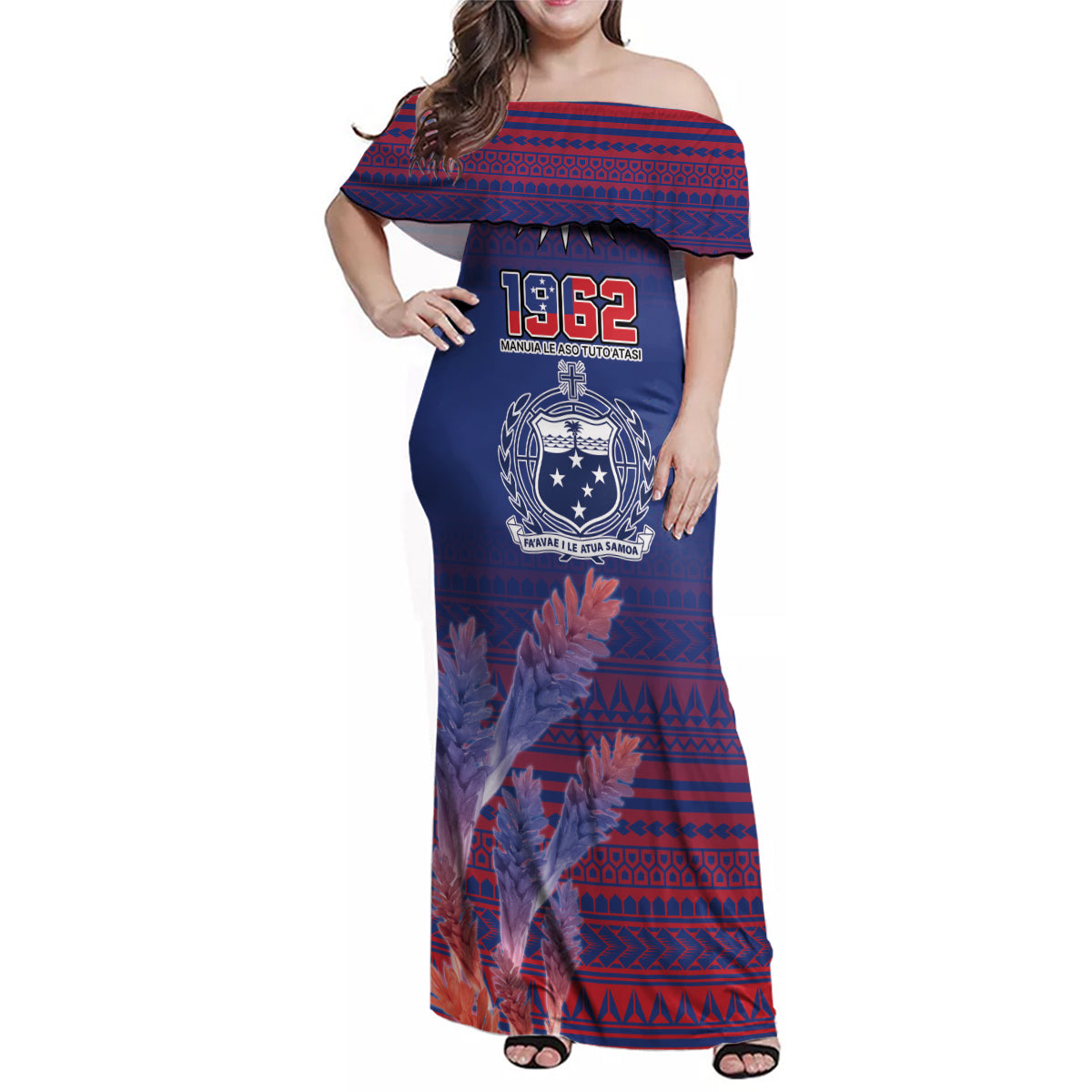 Custom Samoa 1962 Independence Day Custom Family Matching Off Shoulder Maxi Dress and Hawaiian Shirt Manuia le Aso Tuto'atasi Ula Nifo Blue Art
