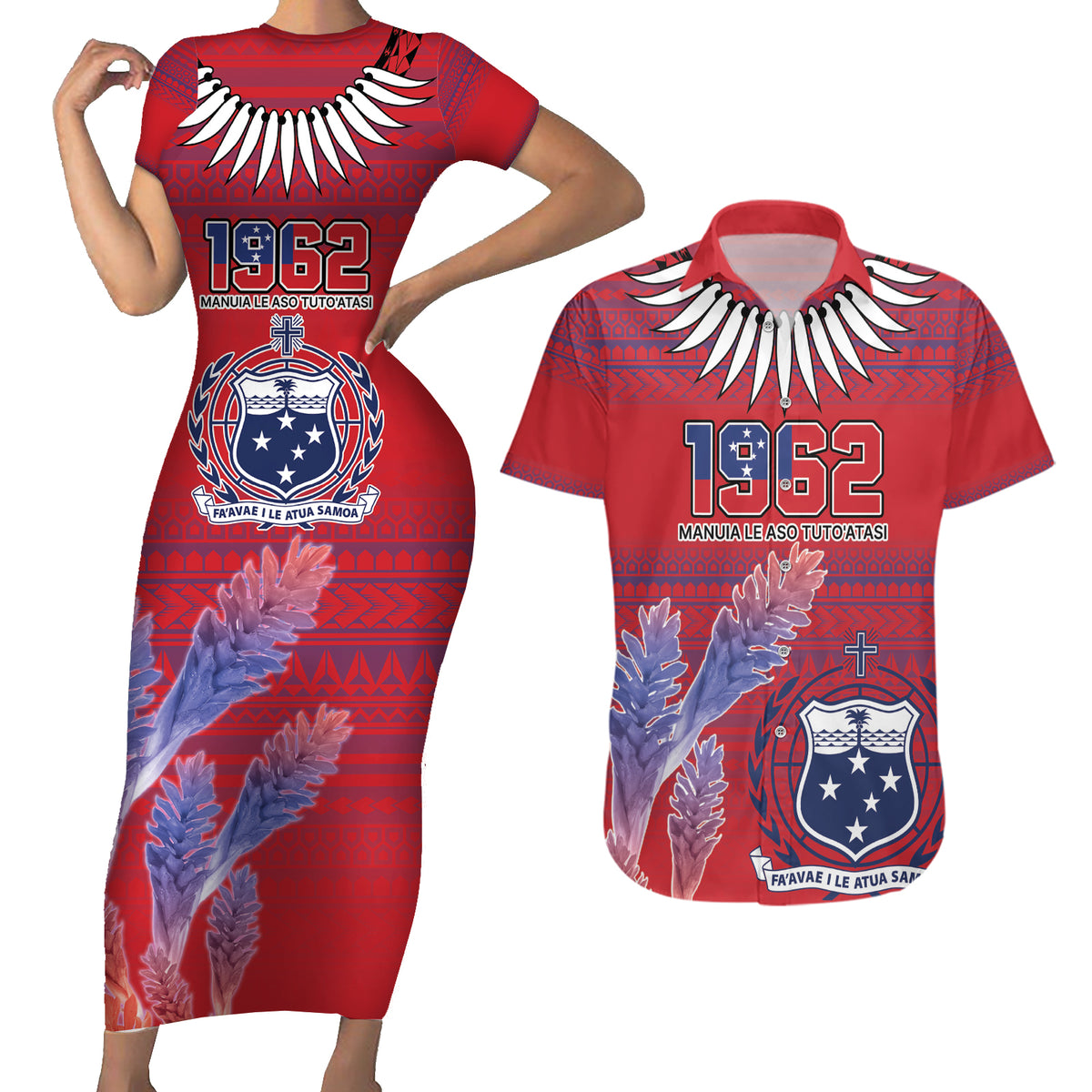 Custom Samoa 1962 Independence Day Custom Couples Matching Short Sleeve Bodycon Dress and Hawaiian Shirt Manuia le Aso Tuto'atasi Ula Nifo Red Art LT9 Red - Polynesian Pride