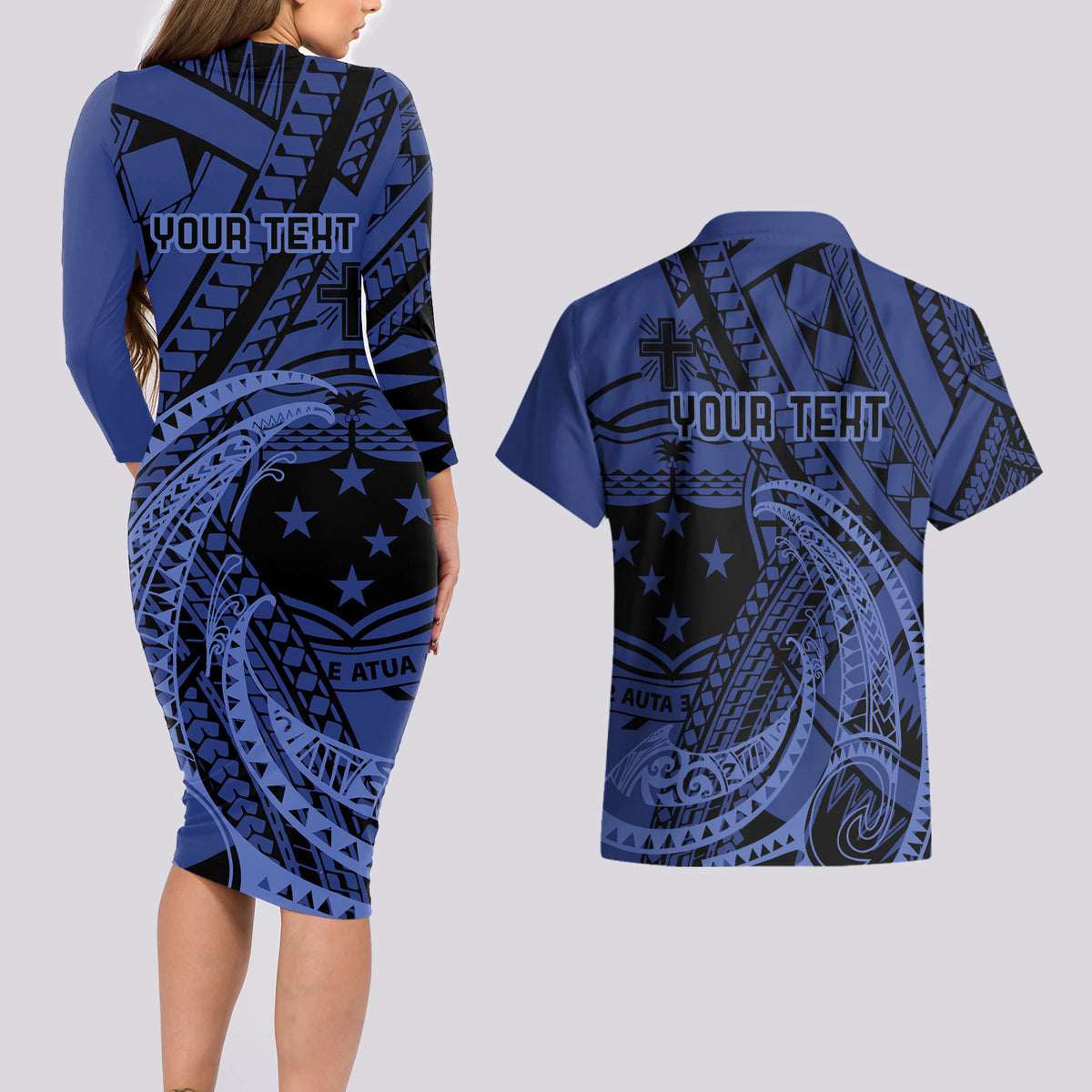 Custom Samoa 62nd Manuia le Aso Tuto'atasi Couples Matching Long Sleeve Bodycon Dress and Hawaiian Shirt Samoan Tatau Blue Art LT9 - Polynesian Pride