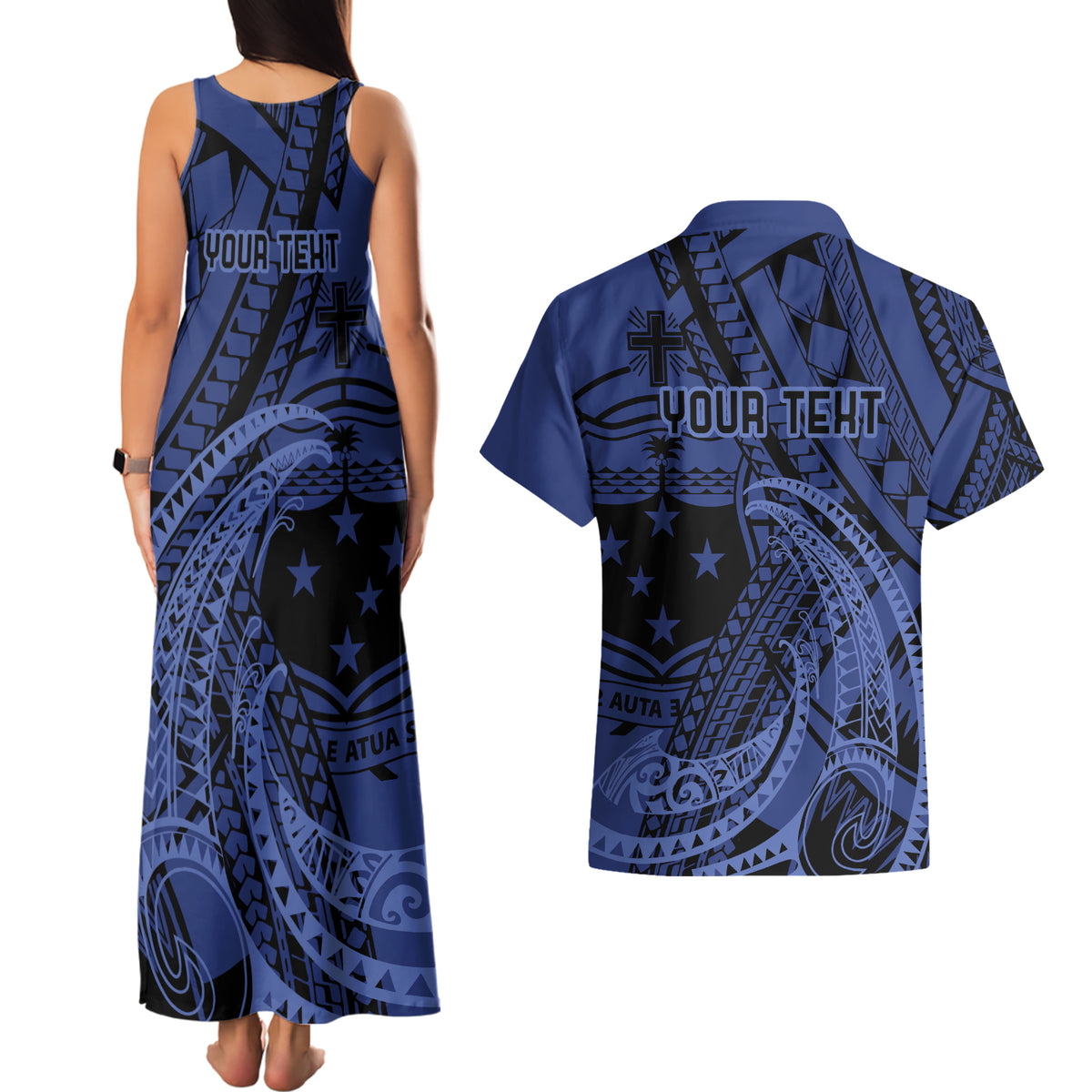 Custom Samoa 62nd Manuia le Aso Tuto'atasi Couples Matching Tank Maxi Dress and Hawaiian Shirt Samoan Tatau Blue Art