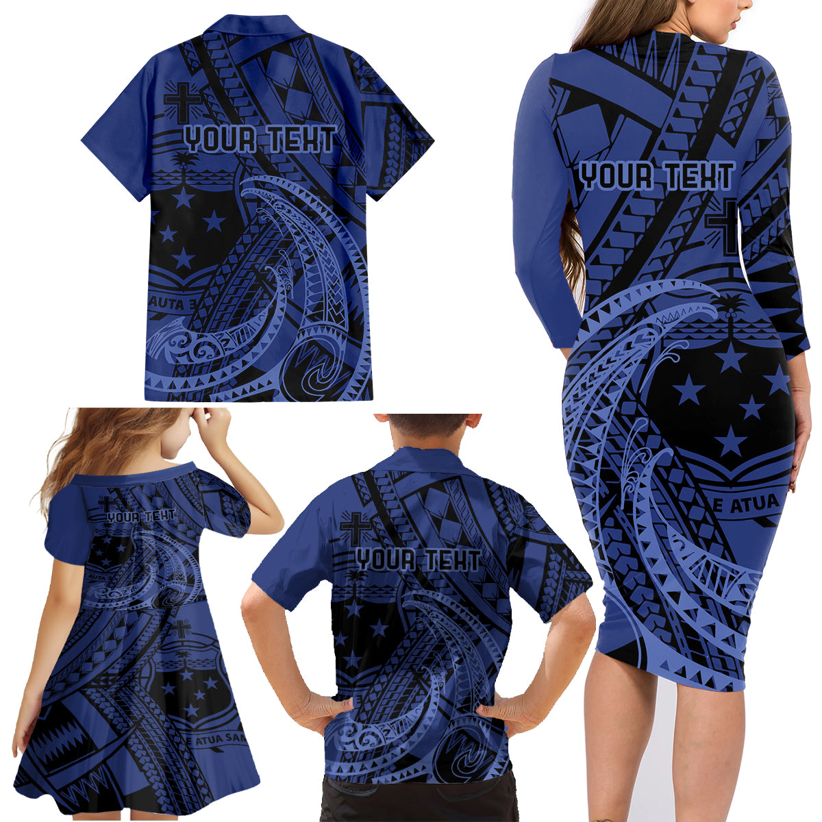 Custom Samoa 62nd Manuia le Aso Tuto'atasi Family Matching Long Sleeve Bodycon Dress and Hawaiian Shirt Samoan Tatau Blue Art