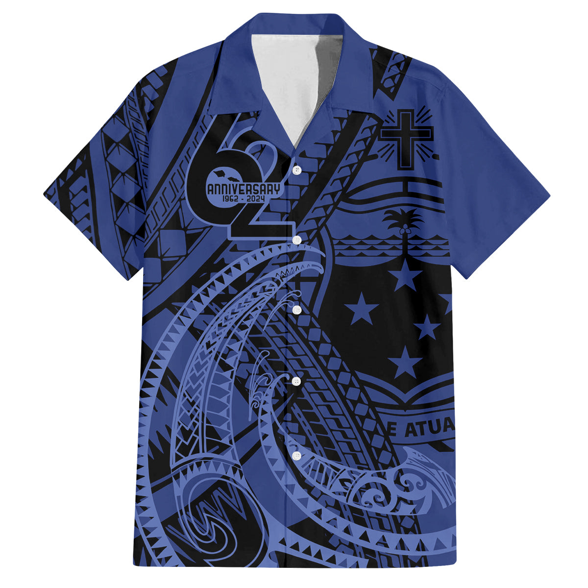 Custom Samoa 62nd Manuia le Aso Tuto'atasi Family Matching Off Shoulder Maxi Dress and Hawaiian Shirt Samoan Tatau Blue Art