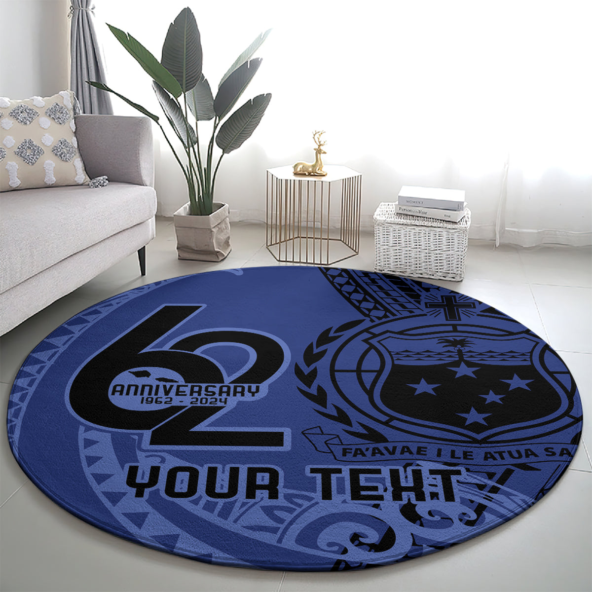Custom Samoa 62nd Manuia le Aso Tuto'atasi Round Carpet Samoan Tatau Blue Art