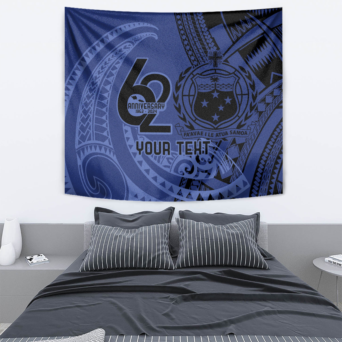 Custom Samoa 62nd Manuia le Aso Tuto'atasi Tapestry Samoan Tatau Blue Art