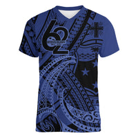 Custom Samoa 62nd Manuia le Aso Tuto'atasi Women V-Neck T-Shirt Samoan Tatau Blue Art