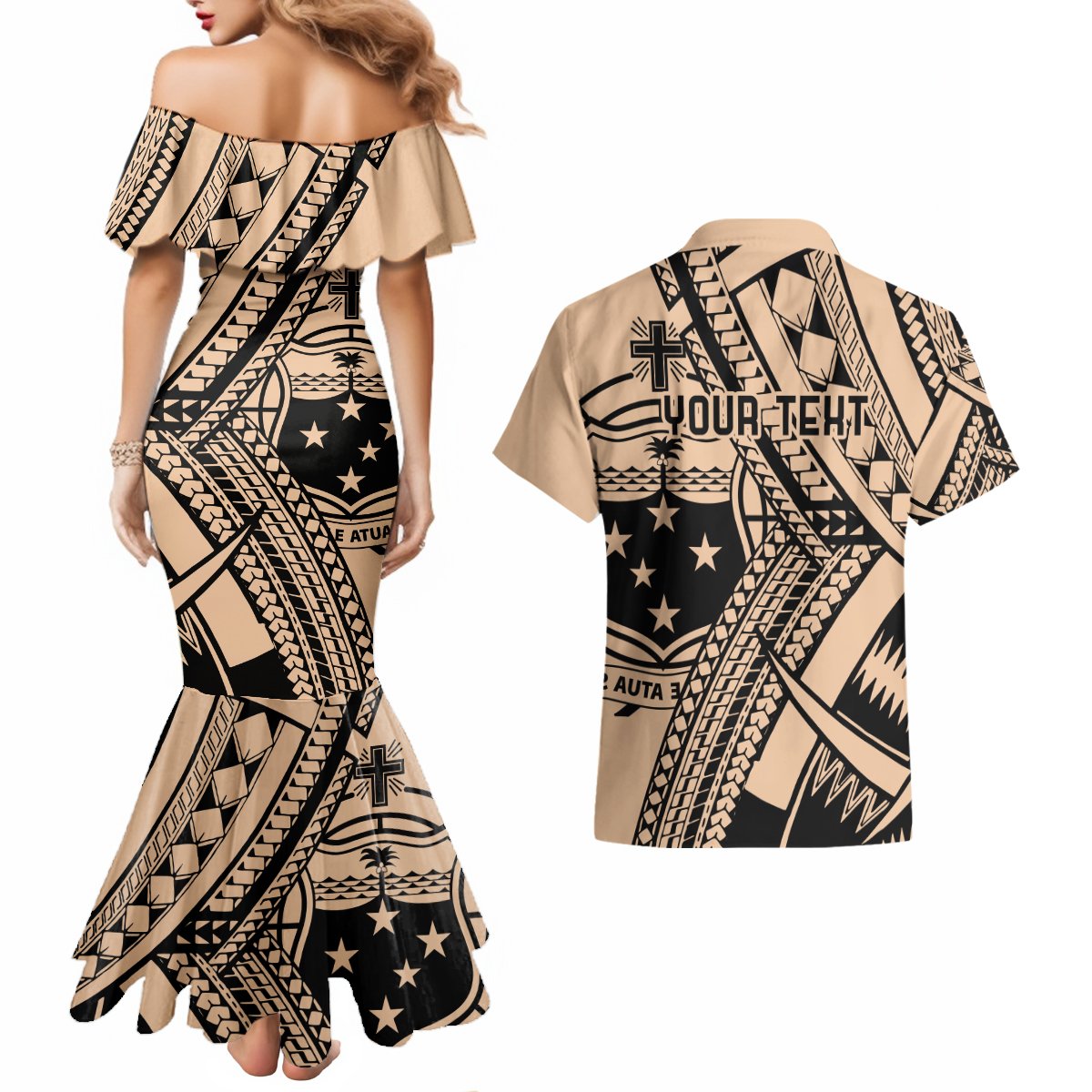 Custom Samoa Manuia le 62 Tausaga O le Tutoatasi Couples Matching Mermaid Dress and Hawaiian Shirt Samoan Tatau Beige Art LT9 - Polynesian Pride