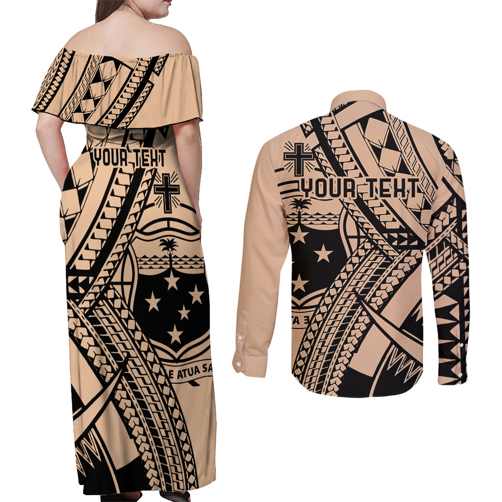 Custom Samoa Manuia le 62 Tausaga O le Tuto’atasi Couples Matching Off Shoulder Maxi Dress and Long Sleeve Button Shirt Samoan Tatau Beige Art