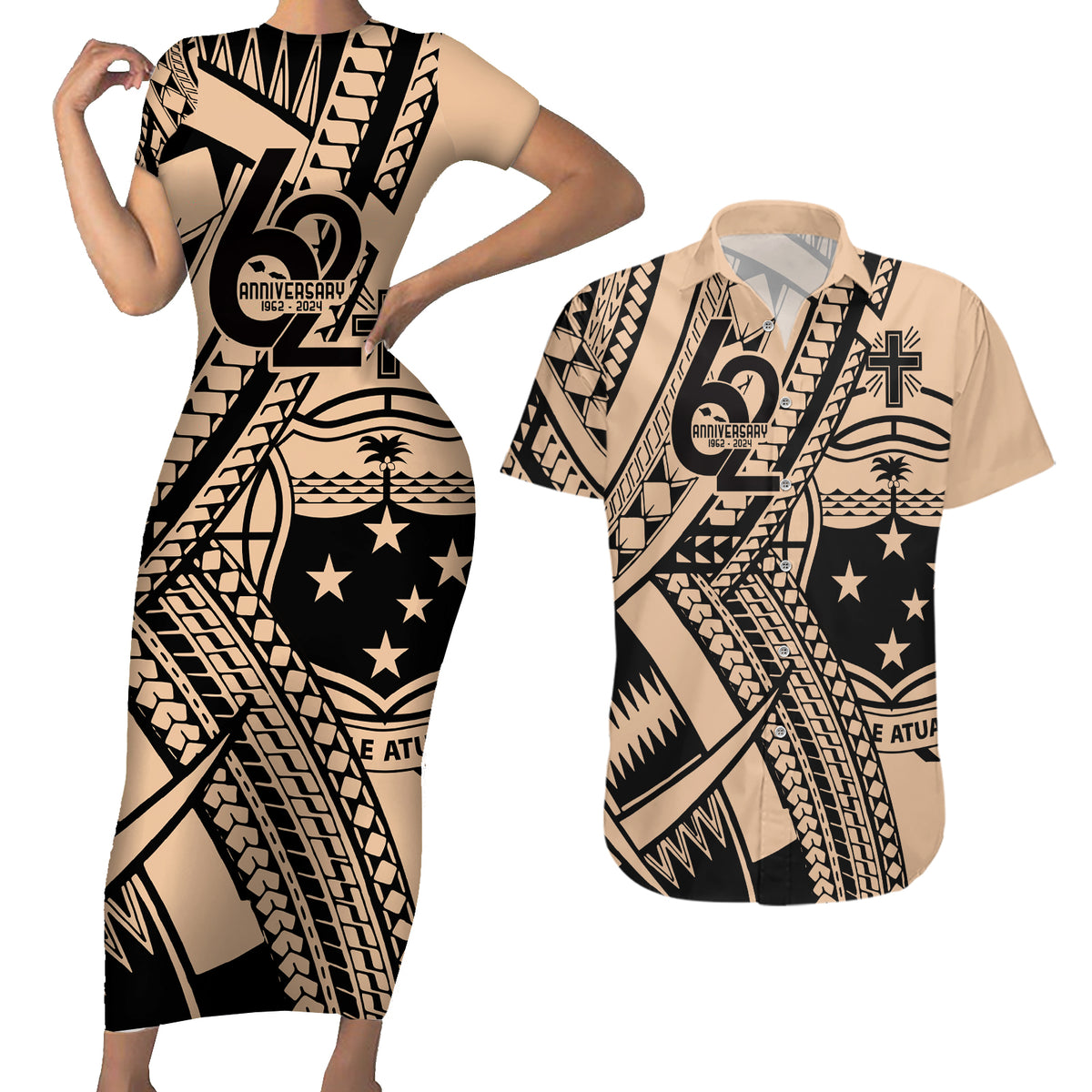 Custom Samoa Manuia le 62 Tausaga O le Tutoatasi Couples Matching Short Sleeve Bodycon Dress and Hawaiian Shirt Samoan Tatau Beige Art LT9 Beige - Polynesian Pride