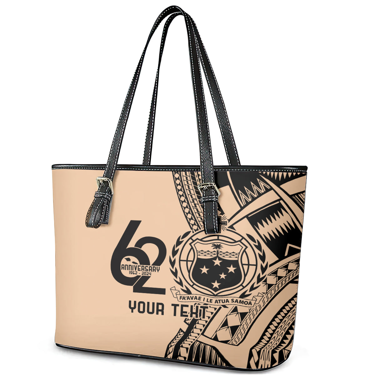 Custom Samoa Manuia le 62 Tausaga O le Tuto’atasi Leather Tote Bag Samoan Tatau Beige Art