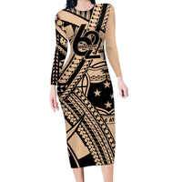 Custom Samoa Manuia le 62 Tausaga O le Tutoatasi Long Sleeve Bodycon Dress Samoan Tatau Beige Art LT9 Long Dress Beige - Polynesian Pride