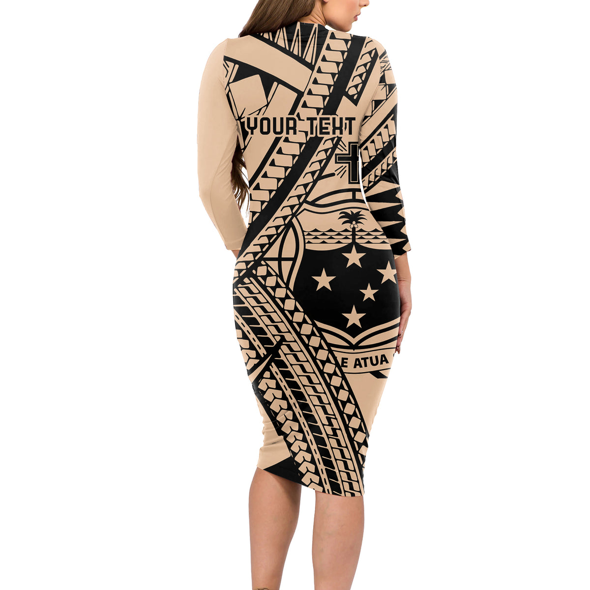 Custom Samoa Manuia le 62 Tausaga O le Tutoatasi Long Sleeve Bodycon Dress Samoan Tatau Beige Art LT9 - Polynesian Pride