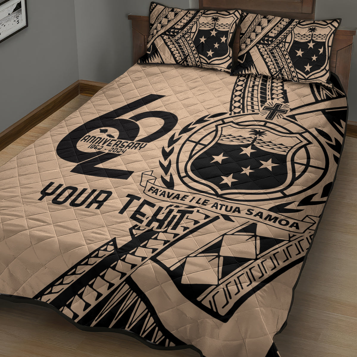 Custom Samoa Manuia le 62 Tausaga O le Tuto’atasi Quilt Bed Set Samoan Tatau Beige Art