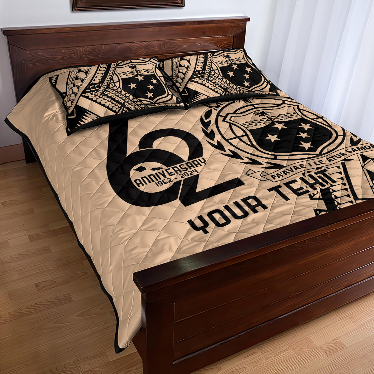 Custom Samoa Manuia le 62 Tausaga O le Tuto’atasi Quilt Bed Set Samoan Tatau Beige Art