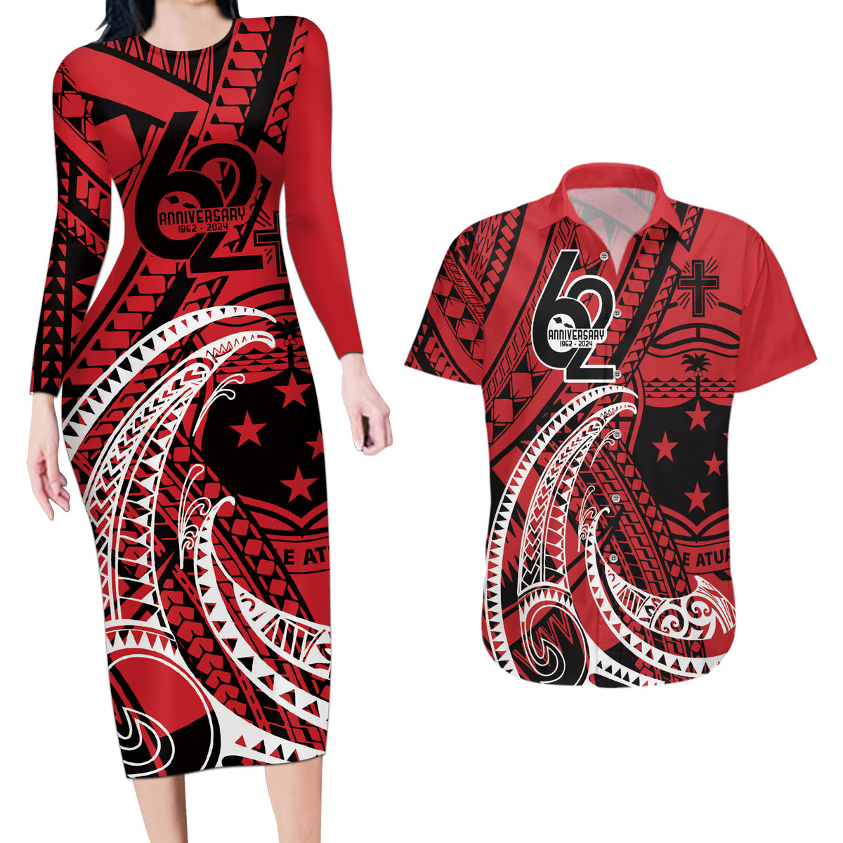Custom Samoa Manuia le 62 Tausaga O le Tutoatasi Couples Matching Long Sleeve Bodycon Dress and Hawaiian Shirt Samoan Tatau Red Art LT9 Red - Polynesian Pride