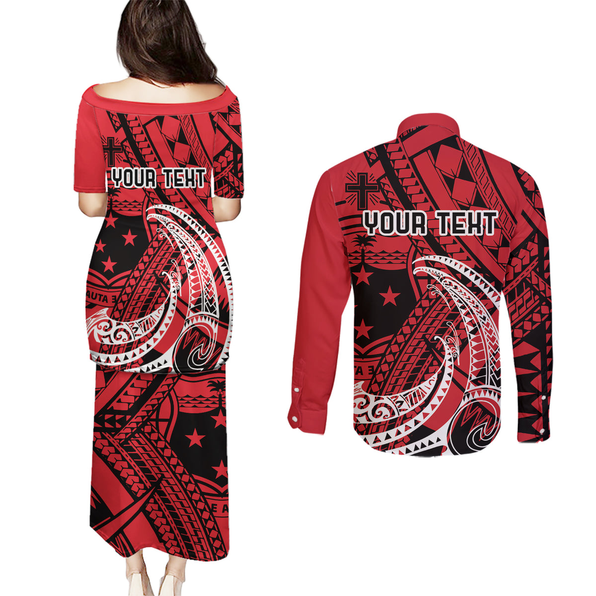 Custom Samoa Manuia le 62 Tausaga O le Tuto’atasi Couples Matching Puletasi and Long Sleeve Button Shirt Samoan Tatau Red Art