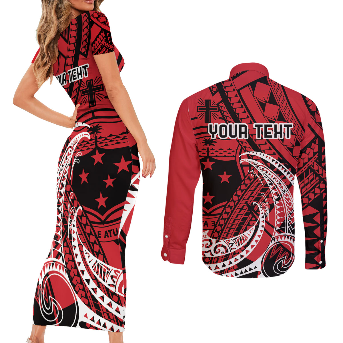 Custom Samoa Manuia le 62 Tausaga O le Tuto’atasi Couples Matching Short Sleeve Bodycon Dress and Long Sleeve Button Shirt Samoan Tatau Red Art