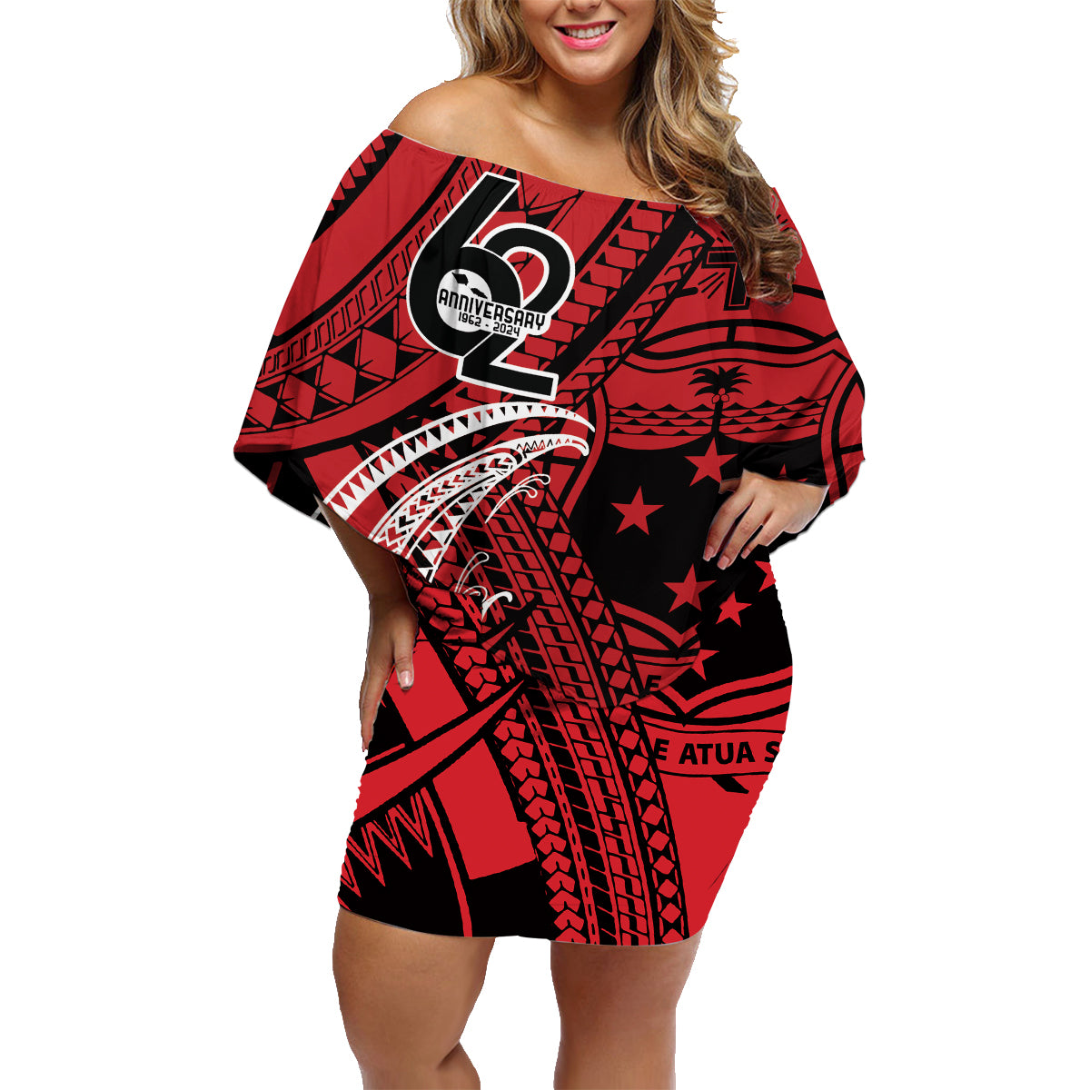 Custom Samoa Manuia le 62 Tausaga O le Tuto’atasi Family Matching Off Shoulder Short Dress and Hawaiian Shirt Samoan Tatau Red Art