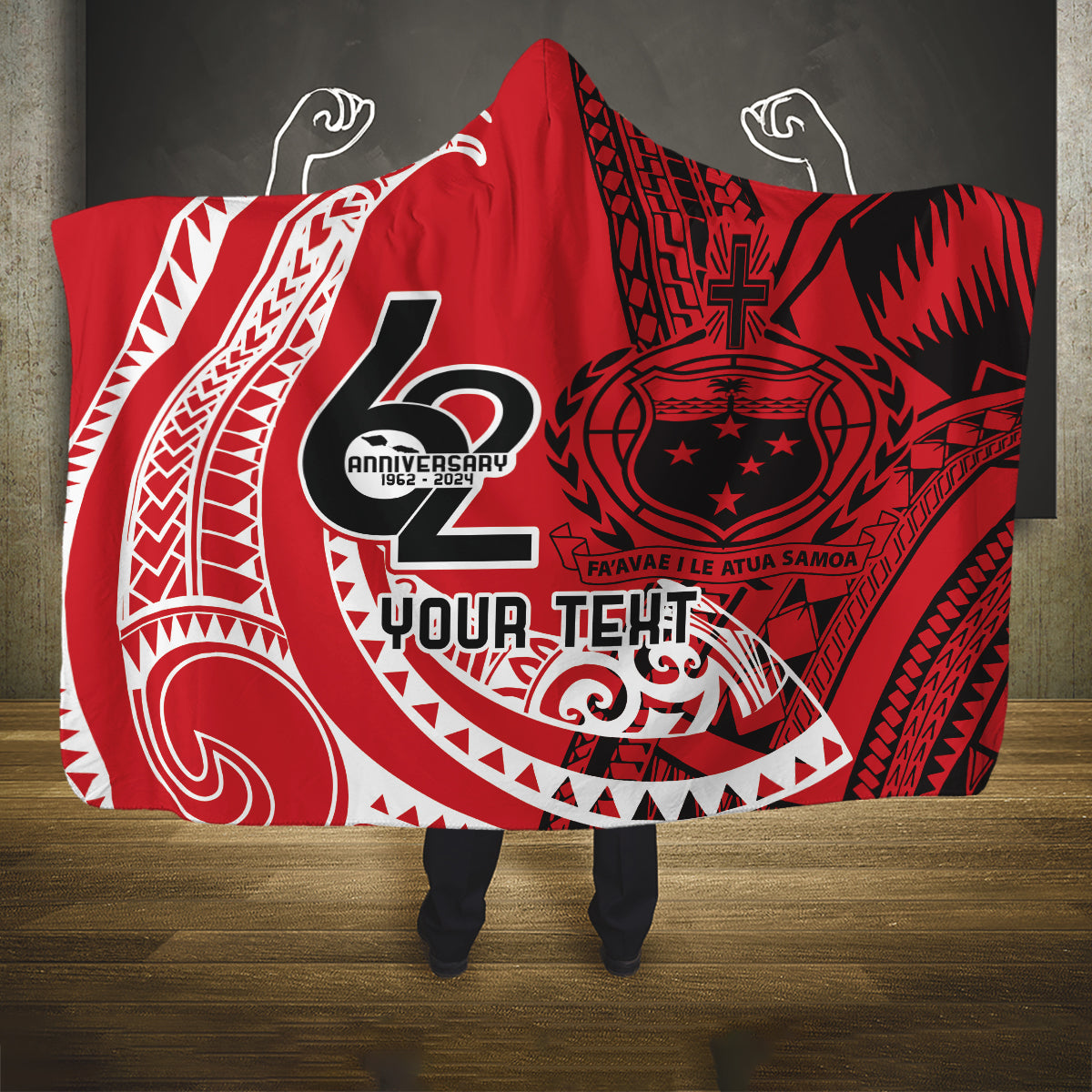 Custom Samoa Manuia le 62 Tausaga O le Tuto’atasi Hooded Blanket Samoan Tatau Red Art