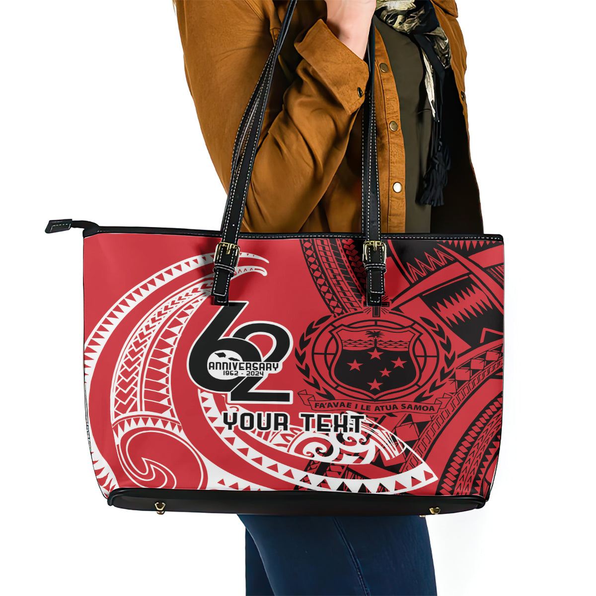Custom Samoa Manuia le 62 Tausaga O le Tuto’atasi Leather Tote Bag Samoan Tatau Red Art