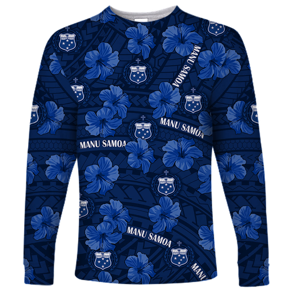 Manu Samoa Rugby Long Sleeve Shirt Polynesian Style With Hibiscus LT9 Unisex Blue - Polynesian Pride