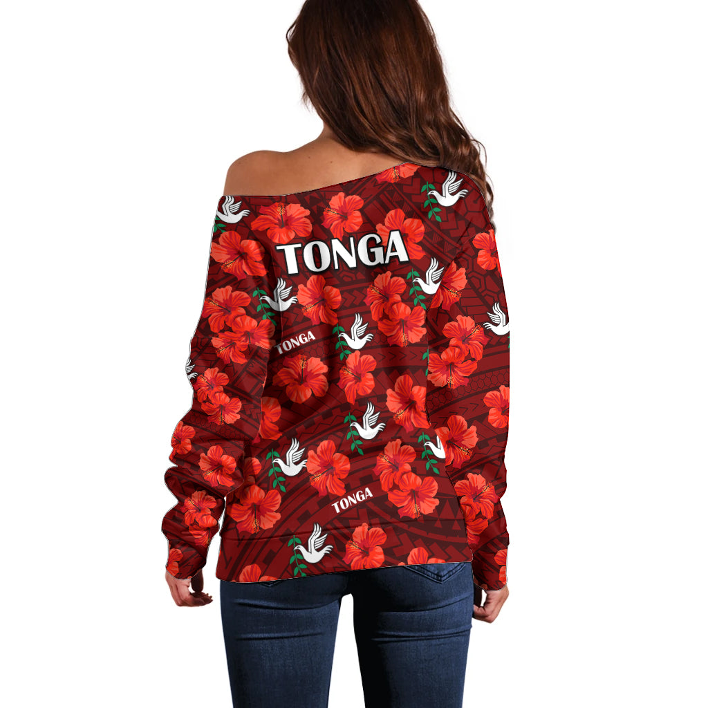 Tonga Rugby Off Shoulder Sweater Polynesian Style With Hibiscus LT9 - Polynesian Pride