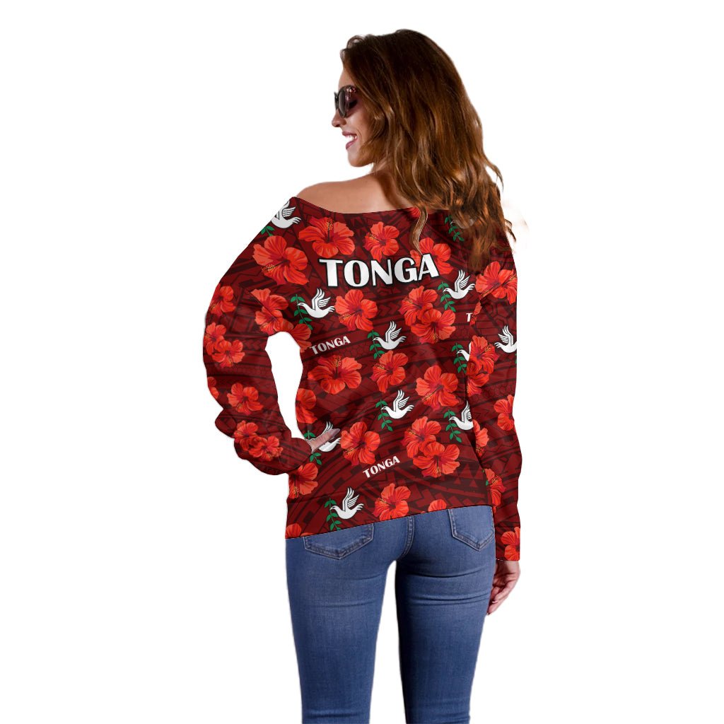 Tonga Rugby Off Shoulder Sweater Polynesian Style With Hibiscus LT9 - Polynesian Pride