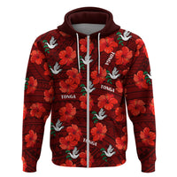 (Custom Text and Number) Tonga Rugby Hoodie Polynesian Style With Hibiscus LT9 Zip Hoodie Red - Polynesian Pride