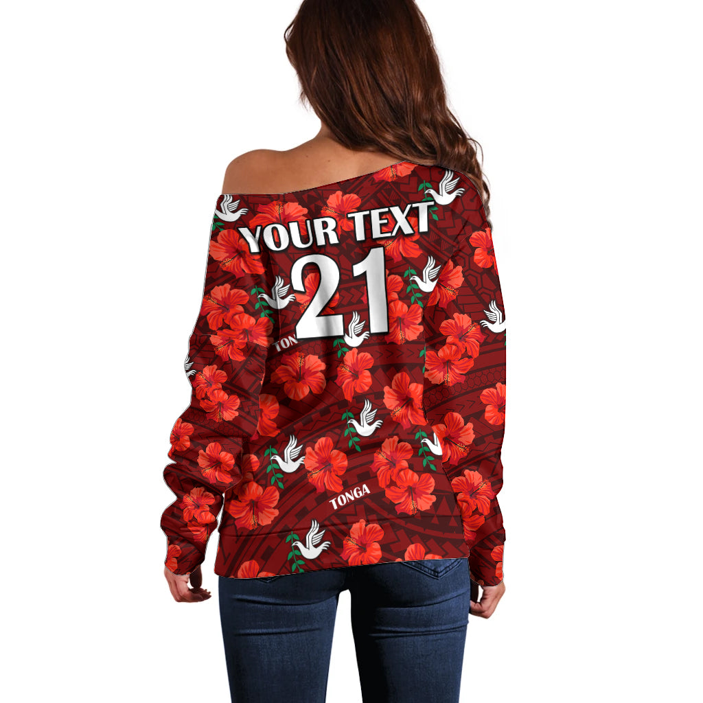 (Custom Text And Number) Tonga Rugby Off Shoulder Sweater Polynesian Style With Hibiscus LT9 - Polynesian Pride