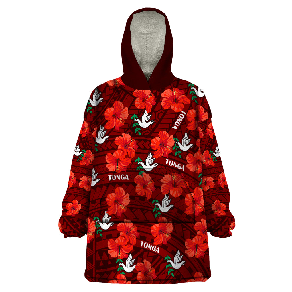 (Custom Text And Number) Tonga Rugby Wearable Blanket Hoodie Polynesian Style With Hibiscus LT9 One Size Red - Polynesian Pride