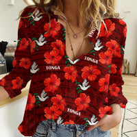 (Custom Text And Number) Tonga Rugby Women Casual Shirt Polynesian Style With Hibiscus LT9 Female Red - Polynesian Pride