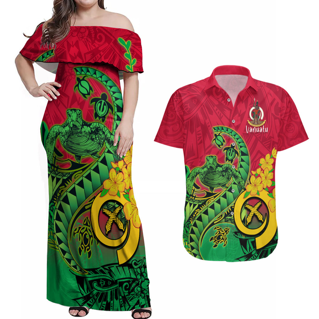 Vanuatu Islands Couples Matching Off Shoulder Maxi Dress and Hawaiian Shirt Polynesian Tattoo and Sea Turtle LT9 Green - Polynesian Pride