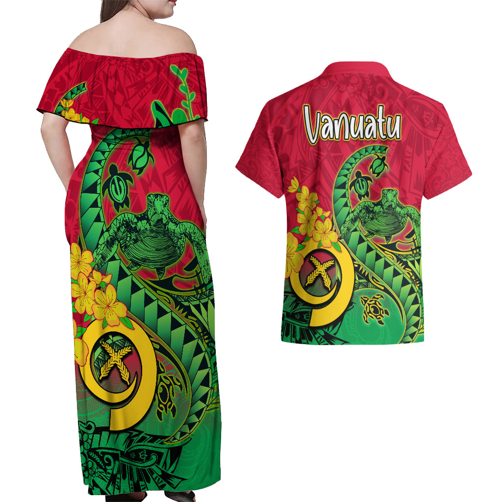 Vanuatu Islands Couples Matching Off Shoulder Maxi Dress and Hawaiian Shirt Polynesian Tattoo and Sea Turtle LT9 - Polynesian Pride