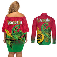 Vanuatu Islands Couples Matching Off Shoulder Short Dress and Long Sleeve Button Shirts Polynesian Tattoo and Sea Turtle LT9 - Polynesian Pride