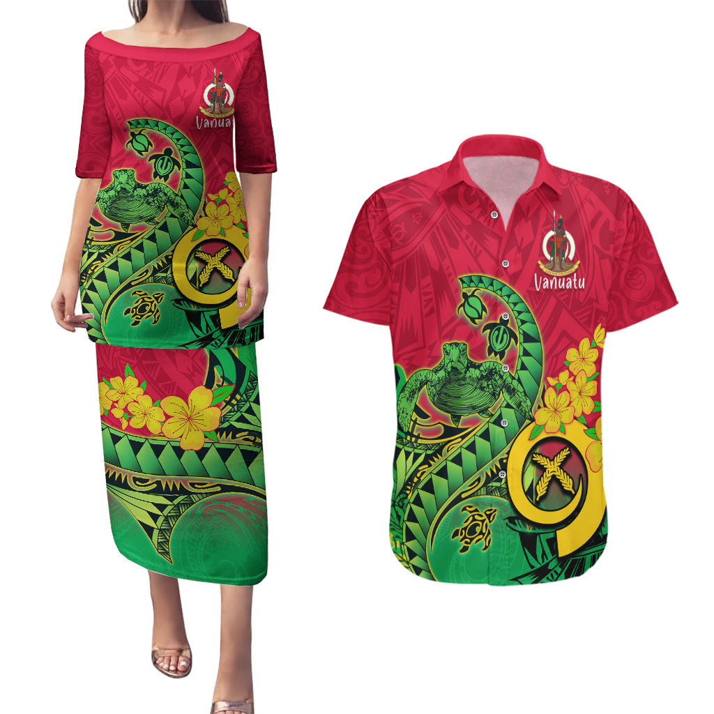 Vanuatu Islands Couples Matching Puletasi Dress and Hawaiian Shirt Polynesian Tattoo and Sea Turtle LT9 Green - Polynesian Pride